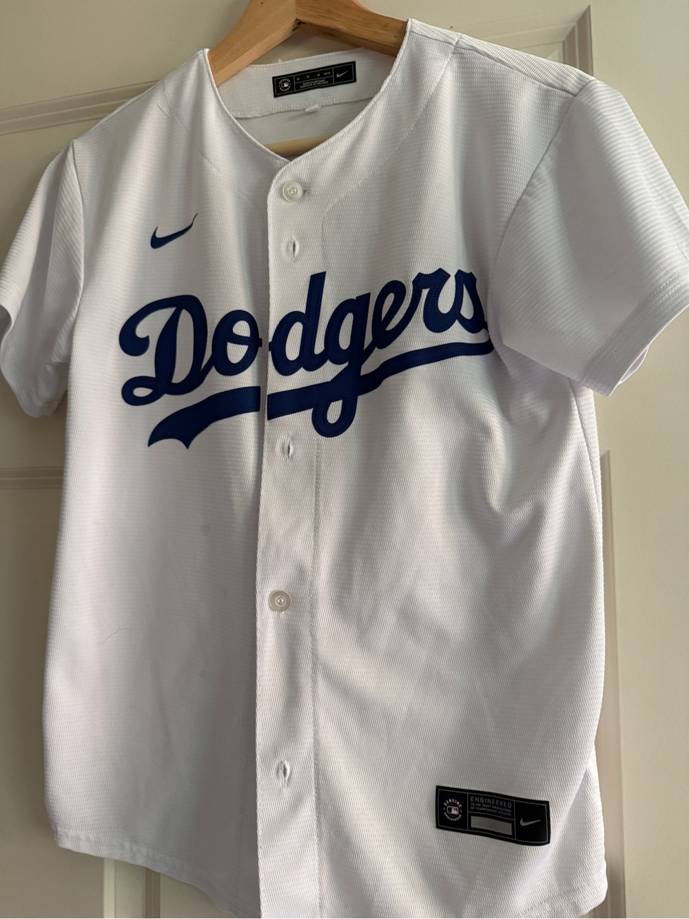 Genuine Merchandise White Dodgers Kids Baseball Jersey with Blue Script